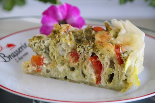 Pâte filo, courgette, tomates cerises, pesto, Mozzarella 