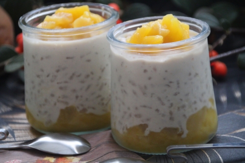 Riz, lait, vanille, mangue, poire