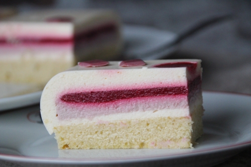 Entremets, framboise, citron, chocolat ruby